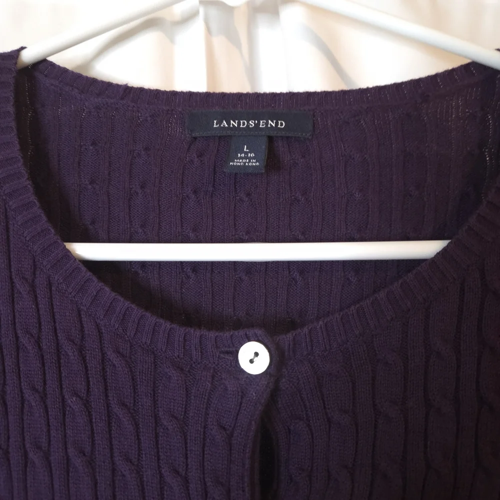 Lands' End Women's Pretty Deep Purple Button Up Cable Knit Cardigan Size L